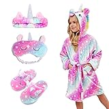 Piefry Weicher Einhorn-Bademantel mit Kapuze für Mädchen mit Einhorn-Pantoffeln, Augenbinde und Stirnband - Geschenke für Mädchen (Rosa/Lila Sterne, 8-9 Jahre)