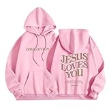 Generisch HUIFUAO Damen-Kapuzenpullover mit Aufschrift Jesus Loves You, langärmelig, Buchstabendruck, Kordelzug, übergroßer Kapuzenpullover für Damen, Rosa, M