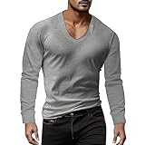 Mymyguoe Herren Einfarbig Langarmshirt mit Tiefen V-Ausschnitt Slim Fit Sportshirt Laufshirt für Männer Sweatshirt Fitness Geeignet Für Workout Langärmeliges Langarm-Muskel-beiläufige Hemden