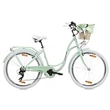 Goetze Mood 26 Zoll Jugendfahrrad, 17 Zoll Tiefeinsteiger Stahlrahmen, 6-Gang Kettenschaltung, doppelte V-Bremsen, LED-Beleuchtung, Rattankorb, Komfortsattel, mit Seitenständer & Klingel