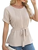 AGYMNX Damen Bluse Elegante Kurzarm Tops Fr�hling Sommer Rundhalsausschnitt Wrap Blusen Ruffle Tunika Shirt Casual T-Shirt Mandel XXL