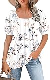 WNEEDU Tshirt Damen Sommer Bluse Kurzarm Quadratischem Ausschnitt Oberteile Damen Sommer Tunika T-Shirt Plissee Tops mit Puffärmel Lässige Flowy Elegant Weiße Blume L