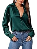Zeagoo Satin Bluse Langarm Elegant Satinblusen Für Damen Glänzend Business Oberteile Oversize Seidenbluse Mit Knöpfen Hemd Einfarbig Tops Dunkelgrün S