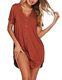 Ekouaer Nachthemden Damen Kurzarm Baumwolle Schlafkleid V-Ausschinitt Nachthemd Sexy Schlafshirt Sommer Nachtwäsche mit Knöpfe, Orange, L