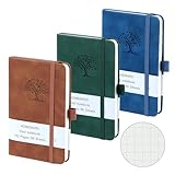 Notizbuch A6, 3 Stück Notizbücher Set, Notizbuch a6 Kariert, 14.4cm x 9.6cm Notizblock, Braun, Grün, Blau, Kariert, 192 Seiten, Notizheft, Notizblock, Reisetagebuch, Notizbuch Leder, Prägebaum Design