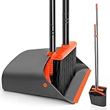 JEHONN Besen und Kehrschaufel Set mit Langem Stiel 137 cm, Kehrbesen und Aufrecht Stehende Schaufel mit Kammzähnen, Broom Kehrset für Innen Haus Küche Lobby Garten Büro Zimmer (Schwarz Orange)