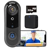 WLAN Video Türklingel mit Kamera, 1080P Kabellose Video Doorbell mit Gong, 32 GB SD-Karte, 2,4/5GHz WLAN Klingel Haustür mit PIR Personenerkennung, 2-Wege-Audio, 160° Ultraweitwinkel