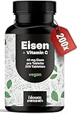 Eisentabletten mit Vitamin C – 200 Tabletten – 40 mg Eisen Hochdosiert & 40 mg Vitamin C pro Tablette – vegan, glutenfrei – Produziert in Deutschland – Verpackung kann variieren – Laborgeprüft