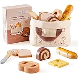 ROBOTIME Holz-Brot-Schneideset für Kinder - Realistisches Bäckereispielzeug mit Holz-Brot, Käse, Bagel & Zubehör, Montessori-Lernspielzeug für Kleinkinder