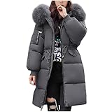 Schwarze Steppjacke für Damen, Winter, lässiger Kapuzenmantel, locker gepolsterte Mäntel, modische Outdoor-Wanderjacke, bequeme Thermo-Oberbekleidung mit Taschen und Fellkapuze, grau, XL