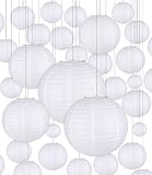 JOFLVA Papierlaterne 30 Stücke Lampions Weiße Papier Laterne Hängende Runde Papierlaternen für Hochzeit Geburtstag Feiern Garten Deko (Verschiedene Größen von 15cm 20cm 25cm 30cm)