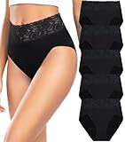 Wealurre Unterhosen Damen, Unterwäsche Frauen Baumwolle Hohe Taille Slip Damen Unterwäsche Spitze 5er Pack (6005,Black,M)