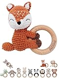 wunderwunsch® - Personalisierter Beißring Baby - Niedlicher Greifling für Baby's ab 0 Monate - Babyrassel mit Name als Baby Geschenk für Mädchen und Jungen (Fuchs liegend,ohne Name)