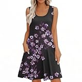 Nachthemd Damen Sexy Baumwolle Nachtkleid Ärmellos Sommer Strandkleid Blumen Knielang Rundhals Casual Trägerkleid Elegant V-Ausschnitt Negligee Locker Geschnittenes Tankkleid Schwarz Freizeitkleid