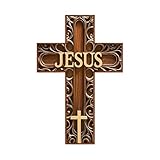 CALLYSONIC Personalisiertes Jesus Kreuz Wand mit Rundem Kleber, Holzkreuz Wand 20 * 30 cm zum Aufhängen, Christliche Dekoration Drucken, Kruzifix Wandkreuz für Firmung, Taufe, Kommunion (Holz)