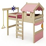 Wickey Kinderbett Crazy Gloomfy - Hochbett, Spielbett für Kinder aus Massivholz mit Planendach - 90 x 200 cm - pastellpinke Plane