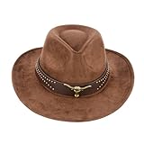TOLASTO Westernhut für Damen und Herren, Männer Western Cowboyhute mit Stierkopf-Dekor, Damen Retro Vintage Jazzhut, Einfarbige Cowgirlhüte für Erwachsene, Klassischer Western-Stil in Kaffee