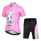 LPATTERN Kinder Radsport Bekleidung- Jungen/Mädchen Fahrrad Trikot-Set(Trikot Kurzarm+Kurz Radhose)/Radtrikot Kurzarm/Kurz Fahrradhose mit Sitzpolster,Hase Mädchen auf Rosa(Anzug),110/116(Tag:S)