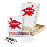 PAINTERSISTERS® KÜNSTLERKOFFER 45x33x13 + MALSET „Riva“ 35-teilig mit Acrylfarben, 5er Pinselset + 2 Keilrahmen, XL-Tischstaffelei für Rahmen bis 70cm, Malkoffer, Kofferstaffelei, Staffelei