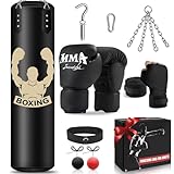 YORWHIN Boxsack Hängend für Erwachsene, 120cm Schwerer Boxsack, Boxtraining Ausrüstung mit Ungefüllten Boxing Bag, Reflex Ball, Boxhandschuhe, Boxbandagen, Boxset für MMA Karate Kickboxen Muay Thai