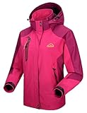 donhobo Jacken Damen Outdoorjacke Wasserdicht Windjacke Leicht Wanderjacke Atmungsaktiv Funktionsjacke Softshell Übergangsjacke mit Kapuze Rose Rot XL