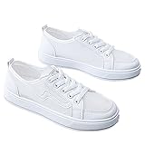Shoudian Damen Freizeitschuhe, einfarbig, flache Öffnung, flache Schuhe, modisch, lässig, zum Laufen, Wandern, Schnüren, weiß, 39.5 EU