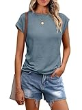 Cuptacc Tops Für Damen T Shirt Rundhals Oberteile Damen Elegant Bluse Kurzarm Sexy Top Sommer Blau Groß L 42-44