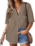 Hotouch Damen Bluse V-Ausschnitt Hemdbluse Kurzarm Casual Oberteile Lose Baumwolle Sommer Elegant Einfarbig Tops mit Tasche Braun L