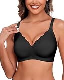 HORISUN Ohne Bügel BH für Damen, Nahtloser V-Ausschnitt Vollständiger BH mit Unterstützung Kein Bügel kabelloser Komfort T-Shirt-BH (Schwarz 3XL)