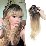 MS TAJ Pony Echthaar Clip in Fringe French 360°Bangs,Haarfransen in Clip-Extensions Blonde with Dark root Haarverlängerungen Synthetic Verlängerung für Frauen