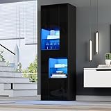 Merax Vitrinenschrank Vitrine Schrank mit LED-Beleuchtung, Hochschrank mit Schublade, Schränken, Offene Glasböden, Sammlervitrine Bücherregal Standvitrine für Wohnzimmer Büro, Hochglanz Schwarz, 170cm