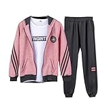 linboo Kinder Trainingsanzug Mädchen Jogginganzug 2tlg/3tlg Sportanzug Sweatjacke mit Kapuze und Sporthose Langärmshirt Freizeitanzug, Rosa-3tlg, 134-140(Herstellergröße: 140)
