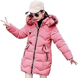SXSHUN Mädchen Winterjacke mit Abnehmenbarer Fellkapuze Kinder Wintermantel Kälteschutz Warm Verdickte Daunenjacke Daunenmantel Parka, Rosa, 152-158 (Etikettengröße:4XL)