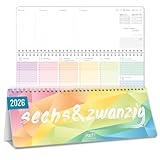 Häfft® Wochen-Tischkalender 2026 quer mit Aufsteller 'Rainbow' 1 Woche 2 Seiten, Schreibtisch-Kalender mit Sprüchen, Wochenkalender 29,7 x 11,6 cm - nachhaltig & klimafreundlich