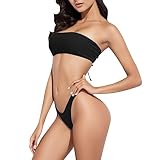Balconette Bikini, Bandeau Bikini Damen Set String Bikinis Tanga Bügelbikini Trägerlos Badeanzug Ohne Träger Bademode Sport Bauchweg High Waist Sommer Mit Bügel, Schwarz, S