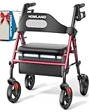 HOMLAND Faltbarer Rollator mit Sitz für Senioren, 8 Zoll große Räder, 158 kg Tragkraft, verstellbare Griffe und Sitzhöhe, Leichter Rollator, rot