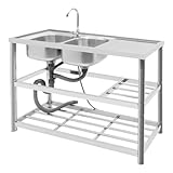 HuKaiL Freistehende Edelstahl Spültisch, küchenspüle Spülenschrank mit Spüle und 360° Armatur, Gewerbliche Spülbecken Komplettspüle Kalt und Heiß mit 100kg Tragkraft Küche, Wäsche, Garage, 120*45*80cm