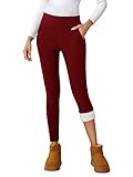 CrystErzoix Thermo Leggings Damen Gefüttert Thermoleggings Winter Warme Leggings High Waist Fleece Thermohose Sportleggins Yogahose Lang mit Taschen, Weinrot XL