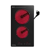 COVERCOOK Plug-in-Keramikkochfeld 30 cm, 2 Zonen, elektrisches Kochfeld, Domino-Kocher für alle Töpfe, glatte Arbeitsplatte aus schwarzem Glas, Touch-Steuerung, Timer, 3000 W