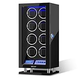XTELARY Uhrenbeweger, Fingerabdrucksperre Automatischer Uhrenbeweger für 3/4/6/8//9/12 mit LCD-Touchscreen, Fernbedienung, Blauer LED, Leisem Motor und Verstellbaren Uhrenkissen für Herren und Damen