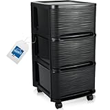 Schubladenschrank mit Rollen Rollcontainer mit 3 Schubladen Rollschrank Kunststoff Rollwagen (Schwarz)