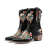 HOBTEC Damen Retro-Cowboystiefel mit Blumenstickerei, Vintage-Stil, kurze Western-Stiefeletten (Color : Black, Size : 43 EU)