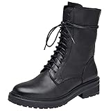 rismart Damen Biker Boots Mid-Calf Leder Stiefeletten mit Reißverschluss Schnürer Combat Boots(Schwarz,38.5 EU,245mm)