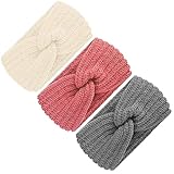 Stirnband Damen Winter Strick, Stirnband Kinder Mädchen, 3 Pcs Stirnbänder Strick, Haarband Ohrenwärmer Elastische, Herbst Und Winter Vielseitig Stirnband Damen (Beige + Grau + Rosa)