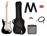Squier by Fender Sonic Stratocaster Electric Guitar Pack, Maple Fingerboard, Black, Gig Bag, Squier Frontman 10G Amp - 230V EU, Inklusive kostenloser virtueller Kurse auf Fender Play