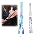 2 Stück Butterfly Kamm,Rainbow Butterfly Messer,Butterfly Schmetterlings Kamm,Edelstahl Faltbarer Taschenkamm Für Haar Barberkamm Haarstyling Zubehör（Silber/Regenbogenfarben）