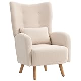 HOMCOM Ohrensessel Loungesessel mit Lendenkissen, Geplosterter Sessel mit Sherpa Fleece-Optik, Holzbeine, Diamanttufting-Rücken, Relaxsessel für Wohnzimmer, Schlafzimmer, Beige