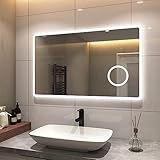 S'AFIELINA Badspiegel 100×60 cm Badezimmerspiegel mit Beleuchtung LED Badspiegel mit Druckknopfschalter 2 Lichtfarbe Kaltweiß und Warmweiß, Beschlagfrei, 3X Vergrößerung, Speicherfunktion