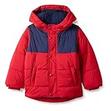 Amazon Essentials Jungen Schwere Pufferjacke mit Kapuze, Marineblau Rot Farbblock, 5 Jahre