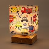Wetry Kinder Nachtlicht, Touch-Dimmbar, Aufladbar, Holz Basis mit Stoff Lampenschirm, Auto Motiv, LED Tischlampe für Kinderzimmer, 11x11x16,5cm